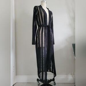 SAN JOY black & mesh striped maxi length robe style cardigan with matching belt